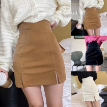 Fashion High Waist Slit Hem Slim Fit PU Leather Skirt
