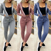 Casual Style Solid Color Hooded Sweatshirt Coat + Pants Two-piece Set