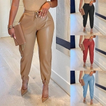 Casual Style Solid Color Elastic Waist PU Leather Pants