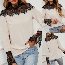 Fashion Solid Color Long Sleeve POLO Collar Lace Spliced Shirt