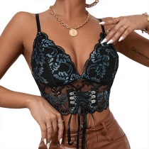 Sexy Backless V-neck Embroidery Spliced Sling Crop Top