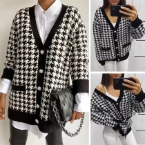 Fashion Long Sleeve V-neck Single-breasted Houndstooth Knit Cardigan