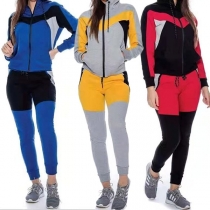 Casual Style Contrast Color Hooded Sweatshirt Coat + Pants Sports Suit