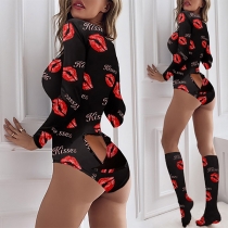 Sexy Red-lip Printed Long Sleeve Slim Fit Bodysuit
