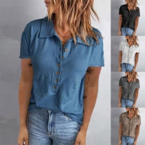 Fashion Solid Color Short Sleeve POLO Collar Front-button T-shirt