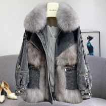 Fashion Faux Fur Spliced Long Sleeve POLO Collar Denim Coat