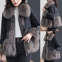 Fashion Faux Fur Spliced Long Sleeve POLO Collar Denim Coat