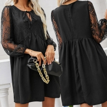 Sexy Lace Spliced Long Sleeve Round Neck Loose Dress