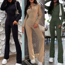 Fashion Solid Color Long Sleeve POLO Collar Flared Hem Slim Fit Jumpsuit