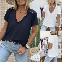 Sweet Style Ruffle V-neck Short Sleeve Solid Color T-shirt