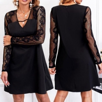 Sexy Lace Spliced Long Sleeve V-neck Solid Color Black Dress