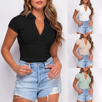 Fashion Solid Color Short Sleeve POLO Collar Slim Fit Crop Top