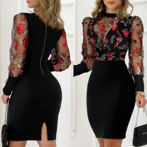 Sexy See-through Gauze Embroidered Spliced Long Sleeve Slim Fit Dress