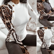 Fashion Leopard Spliced Long Sleeve Round Neck Oblique-button Slim Fit T-shirt