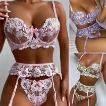 Sexy See-through Gauze Embroidery Spliced Lingerie Three-piece Set