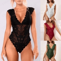 Sexy Backless Deep V-neck See-through Lace Bodysuit Lingerie
