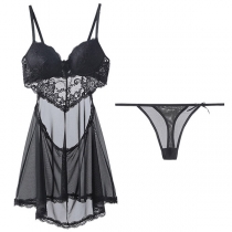 Sexy See-through Lace Spliced Sling Nightwear Dress + T-back + Long Sleeve Cardigan Three-piece Set