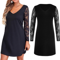 Sexy Lace Spliced Long Sleeve V-neck Solid Color Shift Dress