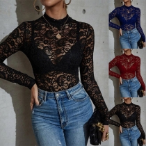 Sexy Long Sleeve Mock Neck See-through Lace Bottoming Top