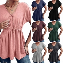 Casual Style Short Sleeve Drawstring V-neck Elastic Waist Solid Color T-shirt