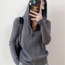Fashion Solid Color Long Sleeve Hooded Knit Sweatshirt