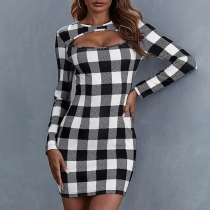 Sexy Hollow Out Round Neck Long Sleeve Slim Fit Plaid Dress