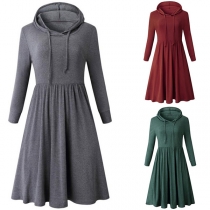 Casual Style Long Sleeve Hooded Solid Color Dress