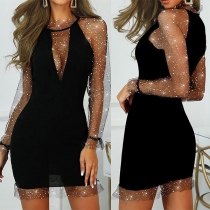 Sexy See-through Gauze Spliced Long Sleeve Round Neck Slim Fit Party Dress
