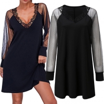 Sexy See-through Gauze Spliced Long Sleeve Lace V-neck Loose Dress