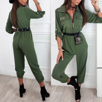 Chic Style Long Sleeve POLO Collar Front-zipper Jumpsuit