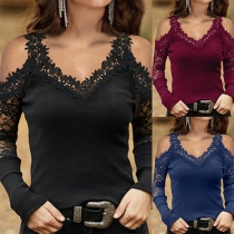 Sexy Off-shoulder Long Sleeve V-neck Lace Spliced Loose T-shirt