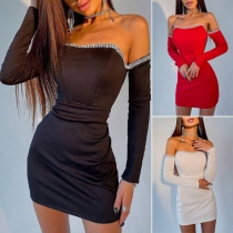 Sexy Rhinestone Inlaid Off-shoulder Boat Neck Long Sleeve Slim Fit Party Dress