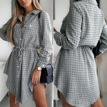 OL Style Long Sleeve POLO Collar Drawstring Waist Plaid Shirt Dress