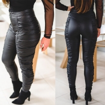 Fashion Solid Color High Waist Slim Fit Wrinkled PU Leather Pants