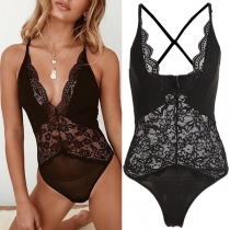 Sexy Backless Deep V-neck Sheer Lace Sling One-piece Lingerie