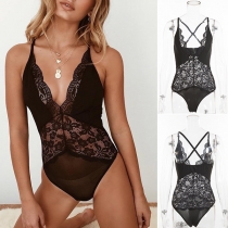 Sexy Backless Deep V-neck Sheer Lace Sling One-piece Lingerie