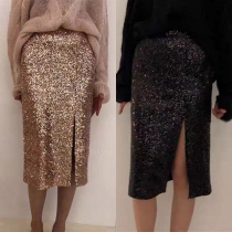 Fashion High Waist Slit Hem Sequin Skirt