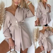 Sexy V-neck 3/4 Sleeve High Waist Solid Color Dress