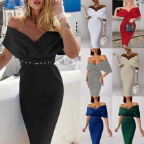 Sexy Off-shoulder V-neck High Waist Solid Color Party Dress with Waistband