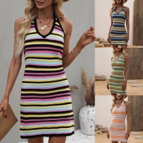 Sexy Backless V-neck Rainbow Stripe Slim Fit Halter Knit Dress