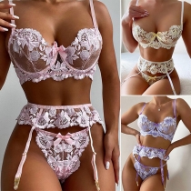 Sexy Hollow Out Sheer Gauze Bow-knot Lingerie Three-piece Set