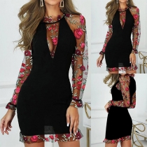 Sexy See-through Gauze Rose Embroidery Spliced Long Sleeve Slim Fit Dress