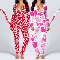 Sexy V-neck Long Sleeve Heart Printed Tail Home-wear Jumpsuit