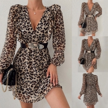 Sexy Deep V-neck Long Sleeve Leopard Printed Chiffon Dress (including belt)