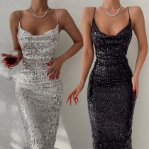 Sexy Backless Cowl Neck Slim Fit Sling Sequin Dress
