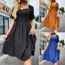 Fashion Solid Color Short Sleeve Square Collar High Waist Dress