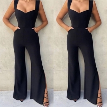 Sexy Square Collar Slit Hem Sleeveless High Waist Slim Fit Jumpsuit