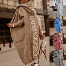 Fashion Letters Printed Long Sleeve Hooded Loose Knit Cardigan