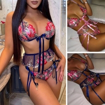 Sexy Sheer Gauze Embroidered Spliced Lingerie Three-piece Set