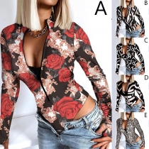 Sexy Long Sleeve Stand Collar Front-zipper Slim Fit Printed Top